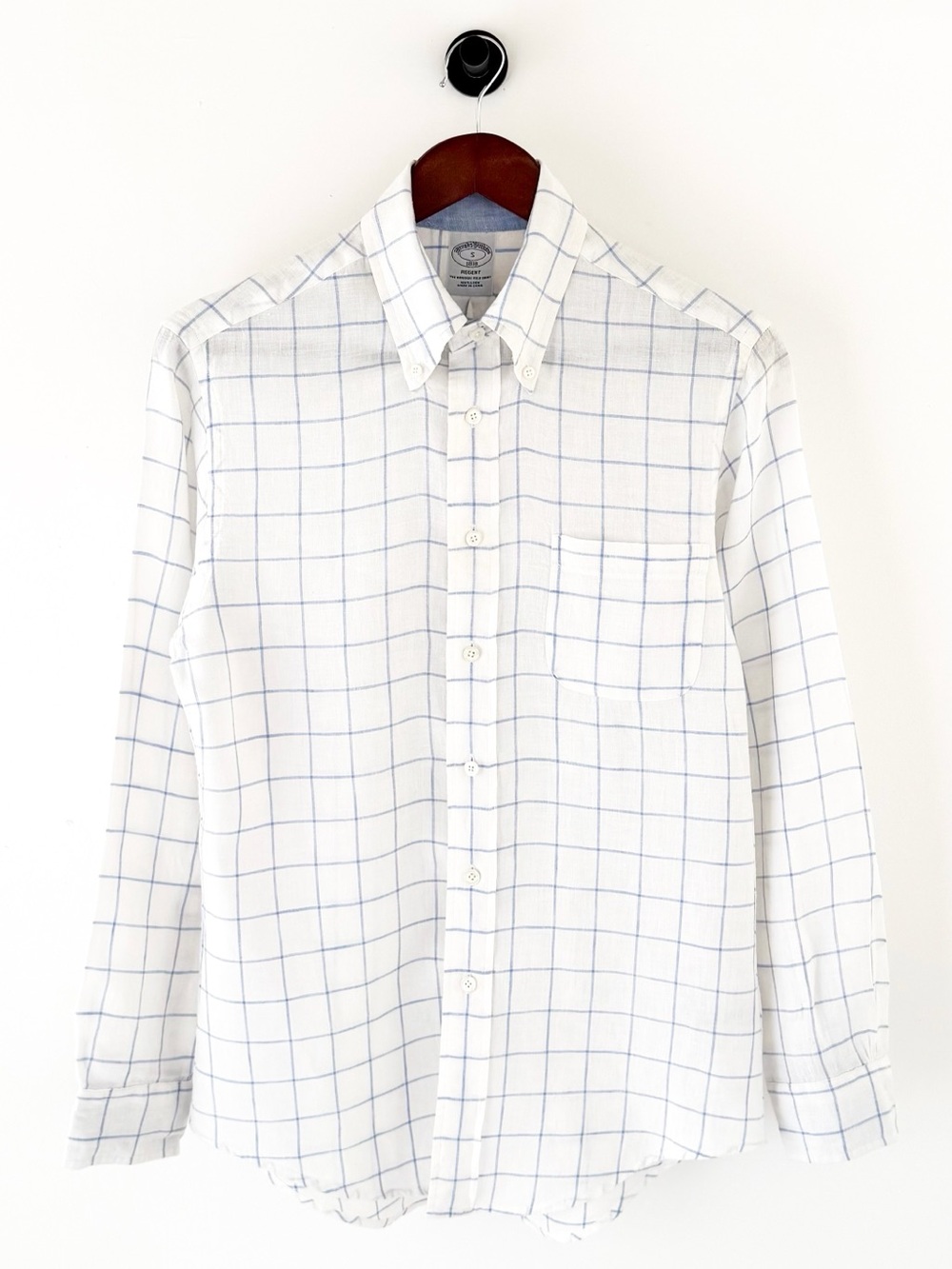 Brooks Brothers White Linen Button Down Shirt Light Blue Windowpane Check S - Picture 3 of 11